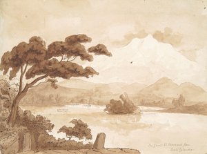 recto: Landskapsscen med sjö och berg