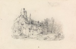 Bondgård med kyrka på avstånd av William Callow