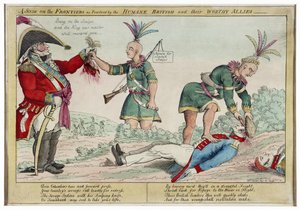 A Scene on the Frontiers som praktiserats av de humana britterna och deras värdiga allierade, pub. 1812 (handfärgad gravyr)