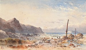 En blåsig dag med fiskare på strandkanten, 1874 av William Cook of Plymouth