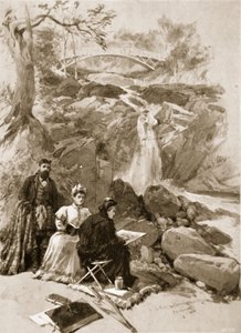 Drottning Victoria som konstnär: Hennes Majestät skissar på fallen i Garrawalt, Braemar av William Crimea Simpson