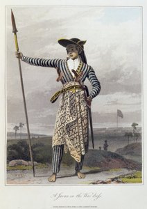 En Javan i krigsklänningen, pl. 5 från Vol I av "The History of Java" av Thomas Stamford Raffles (1781-1826) pub. 1817 (färgad akvatint)