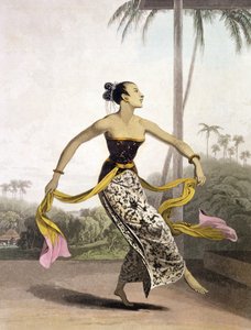 En Ronggeng eller dansande flicka, tavla 21 från Vol. I av "The History of Java" av Thomas Stamford Raffles (1781-1826), pub. 1817 (akvatint)