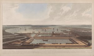 Vy över Ostindiska kompaniets dockor av William Daniell
