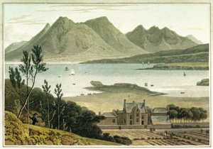 Västlig vy från Raasay Island (Skottland), med beskrivning av en stor byggnad och dess angränsande trädgårdar. Etsning i färg av William Daniell (1769-1837) av William Daniell