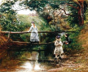 På Tyne nära Ormiston - Barn som samlar vilda blommor (olja på duk) av William Darling McKay