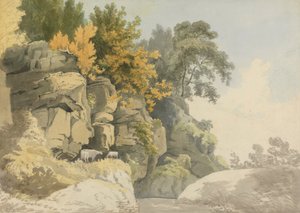 Skogbevuxna klippor vid en bäck (Derbyshire?)