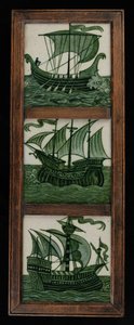 Kakelpanel av fartyg i fulla segel, i ram, ca 1865-80 (keramik) av William de Morgan