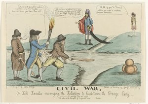 Engelsk tecknad serie av den holländska inbördesstriden, 1787 Inbördeskrig, eller Lord Lunatic som uppmuntrar holländarna att slå ner Orange Party (titel på objekt) av William Dent