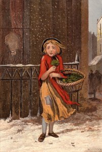 Stackars flicka som säljer vattenkrasse på en snöig gata (chromolitho)