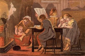 Saturday Night: en familj som läser och roar sig på kvällen (chromolitho)