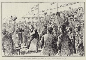 Lord Derby skär den första gräsmattan på St Helens och Wigan Railway, 28 januari av William Douglas Almond