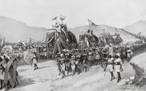 Vikramaditya Gupta drar ut i krig, 395 e.Kr (litografi) av William Douglas Almond