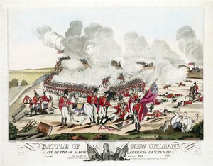Slaget vid New Orleans och generalmajor Packenhams död den 8 januari 1815, pub. 1815 (färgad gravyr) av William Edward (after) West