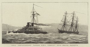 HMS Devastation bogserar HMS Thetis till Maltas hamn av William Edward Atkins