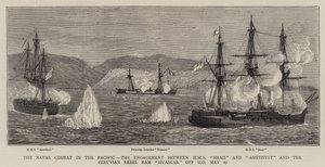 Sjöstriden i Stilla havet, förlovningen mellan HMS Shah och Amethyst och den peruanska rebellen Ram Huascar utanför Ilo, 29 maj av William Edward Atkins