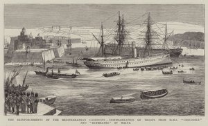 Förstärkningar av garnisonerna i Medelhavet, landstigning av trupper från HMS Crocodile och Eufrat vid Malta av William Edward Atkins