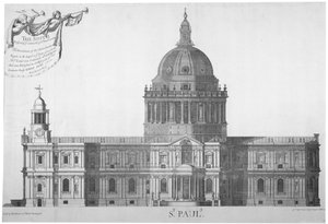 セント ポール大聖堂の南立面図、ロンドン市、1702 年。スウェーデン語 av William Emmett