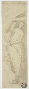 Kvinnlig figur drar undan ridån av William Etty