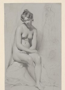 Sittande naken kvinnlig modell med hög frisyr, skissad igen bredvid av William Etty