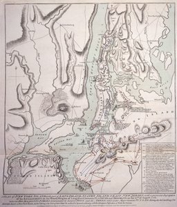 Plan av New York Island med en del av Long Island, Staten Island och East New Jersey och förlovningen på Woody Heights of Long Island mellan de brittiska styrkorna, under ledning av general Sir William Howe av William Faden