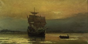 Mayflower vid hennes ankomst till Plymouth Harbor, 1882. av William Formby Halsall