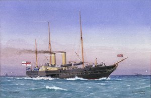 Den kungliga yachten "Osborne" (1870), full ånga och med vikta segel, till havs. Akvarell av William Frederick Mitchell