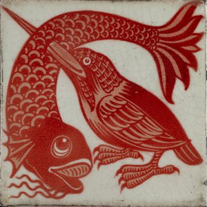 Kakel med kungsfiskare med näbb genom fisk, 1882-1888 av William Frend De Morgan