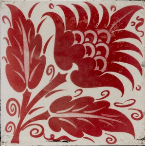 Kakel med stiliserad blomma med två blad och rankor, 1882-1888 av William Frend De Morgan