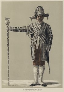 Kunglig dörrvakt i galadräkt vid en fest vid det kejserliga tyska hovet i Berlin (färgad gravyr) av William Friedrich Georg Pape