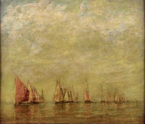 Venetianska båtar som speglar sig i det lugna havet. Olja på trä av William Gedney Bunce