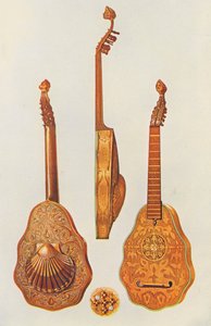 Musikinstrument: Drottning Elizabeths luta (färglitografi) av William Gibb
