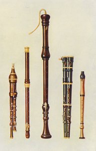 Musikinstrument: Två dubbla flageoletter, en tysk flöjt och två flutes douces (färglitografi)