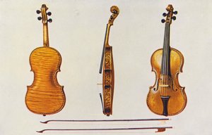 Musikinstrument: Violin, Hellier Stradivarius, och två gamla flöjtbågar (färglitografi)