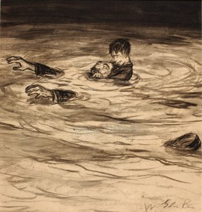 Han lägger sig på Gothecores rygg och krokar sedan högerarmen om Gothecores hals - den vanliga garottekramen av William Glackens