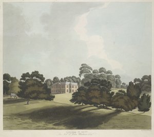 公園の人物と馬。 中間地点にあるヴィンターズ ハウス。 シーン全体の木スウェーデン語