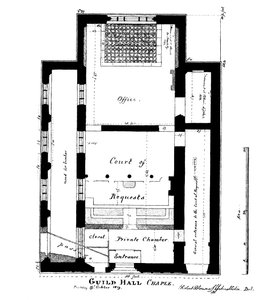 En plan över Guildhall Chapel, King Street, Cheapside, London, 1819 1886.