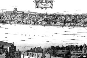 Utsikt över London och Themsen från South Bank, 1600-talet 1886.