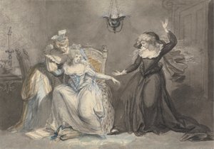 En dramatisk scen med tre kvinnor i en interiör av William Hamilton