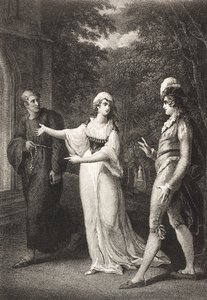 Olivias trädgård, akt IV, scen III, från "Twelfth Night, Or What You Will", från The Boydell Shakespeare Gallery, publicerad i slutet av 1800-talet av William Hamilton