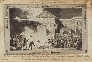 Förödelsen orsakad av upploppsmakarna i London som avfyrade den nya fängelset Newgate av William Hamilton