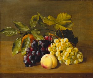 En persika, en apelsin och vindruvor på en träavsats, av William Hammer
