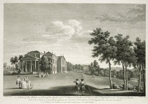 Utsikt över huset och en del av trädgården i West Wycombe, Buckinghamshire, graverad av William Woollett (1735-85) av William Hannan