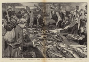 Efter en dags sport, undersöka fångsterna i en tävling på en sportfiskeklubb i London