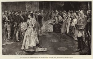 Hennes Majestäts salong i Buckingham Palace, presentationsögonblicket av William Hatherell