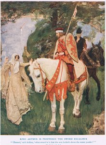 Kung Arthur erbjuds svärdet Excalibur, illustration från 