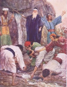 Moses slår klippan, från The Bible Story publicerad av Hodder & Stoughton, c.1930 av William Hatherell