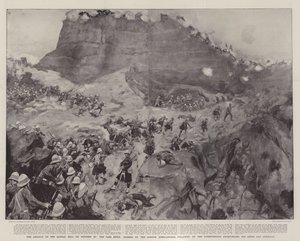Anfallet på Dargai Hill den 20 oktober, passet stormades av Gordon Highlanders, följt av Dorsetshires, Derbyshires, 3rd Sikhs och Gurkhas. av William Hatherell