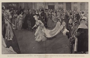 Hertiginnan av Devonshires kostymbal, processionen av gäster som bugar sig för den kungliga gruppen i den vit-gyllene salongen, 1897