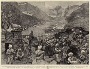 Evakueringen av Tirah, bakre gardesaktion den 13 december under marschen nedför Bara-flodens dalgång, bagage i svårigheter av William Hatherell